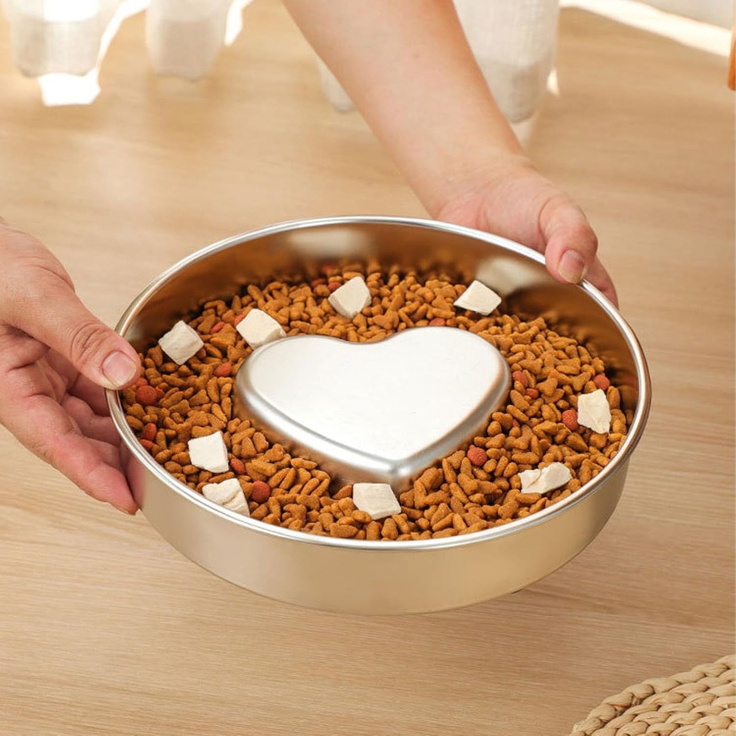 Pssopp Pet Slower Food Feeding Bowls, Stainless Steel Heart Shaped Maze Dog Feeder for Large Medium Small Breeds Pets Slow Down Eating
