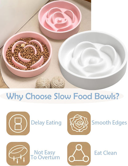 Ceramic Slow Feeder Cat Bowl, 6.1 Inch Pink Pet Food Dish for Small Dogs Puppies, Non-Slip Anti-Gulping Ceramic Dog Food Bowl, Cute Flower Design, 11.4oz Puppy Kitten Feeding Bowl