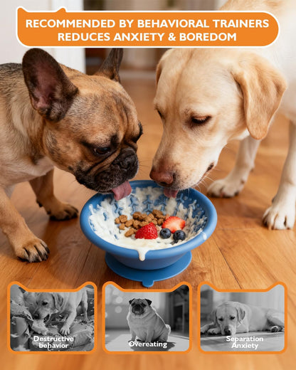 Dog Lick Bowl, Non-Slip Slow Feeder Licking Mat & Treat Dispenser (Wide Bowl Mouth w/Inlaid Stainless Steel Ring) - Interactive Toys, Anxiety Reducer, Freeze Bone for Dogs, BPA Free Silicone (Blue)