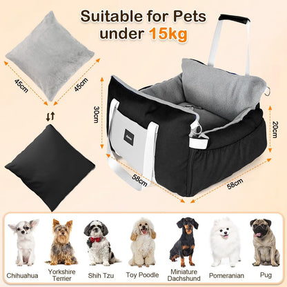 Dog Car Seat for Small Dogs with Extension Zone, Washable Car Travel Bed for Pets Up to 30Lbs, Trendy Booster Dog Seat Including Harness Clip - Black