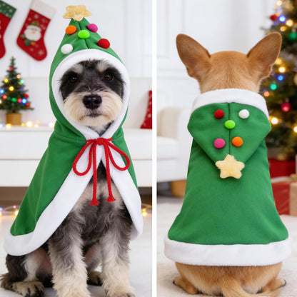 1Pc Cat Christmas Cape with Star and Pompoms Hat Festive Pets Christmas Costume Green Soft Cloak for Small Breed Dogs Holiday Party Outfit Pet Attire M Size
