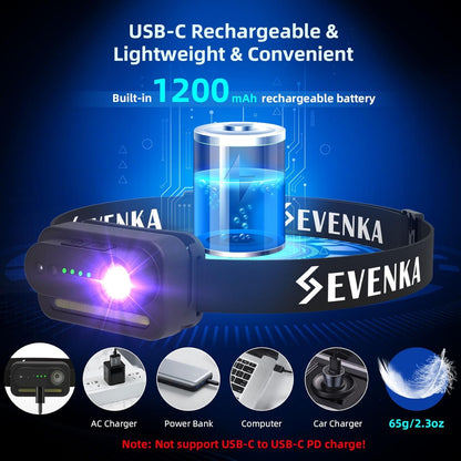 SEVENKA 2 UV Headlamp Flashlight Black Light, Rechargeable LED Hand Free Mini UV Blacklight 395nm Head Lights with White & Ultraviolet Light, Detector for Pet Dog/Cat Urine Stains,Bed Bug,Scorpions