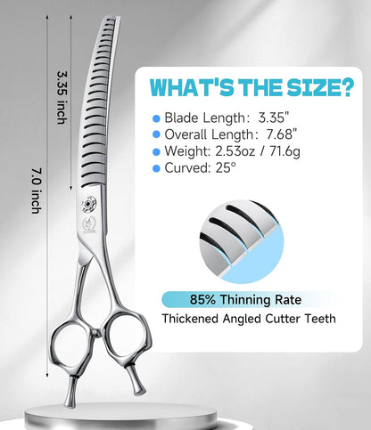 Fenice Peak Professional Dog Grooming Scissors for Thick Coated Dogs - 7 Inch Curved Chunker Shears with 85% Thinning, JP440C Stainless Steel & 25°Blade for Professional Hair Trimming