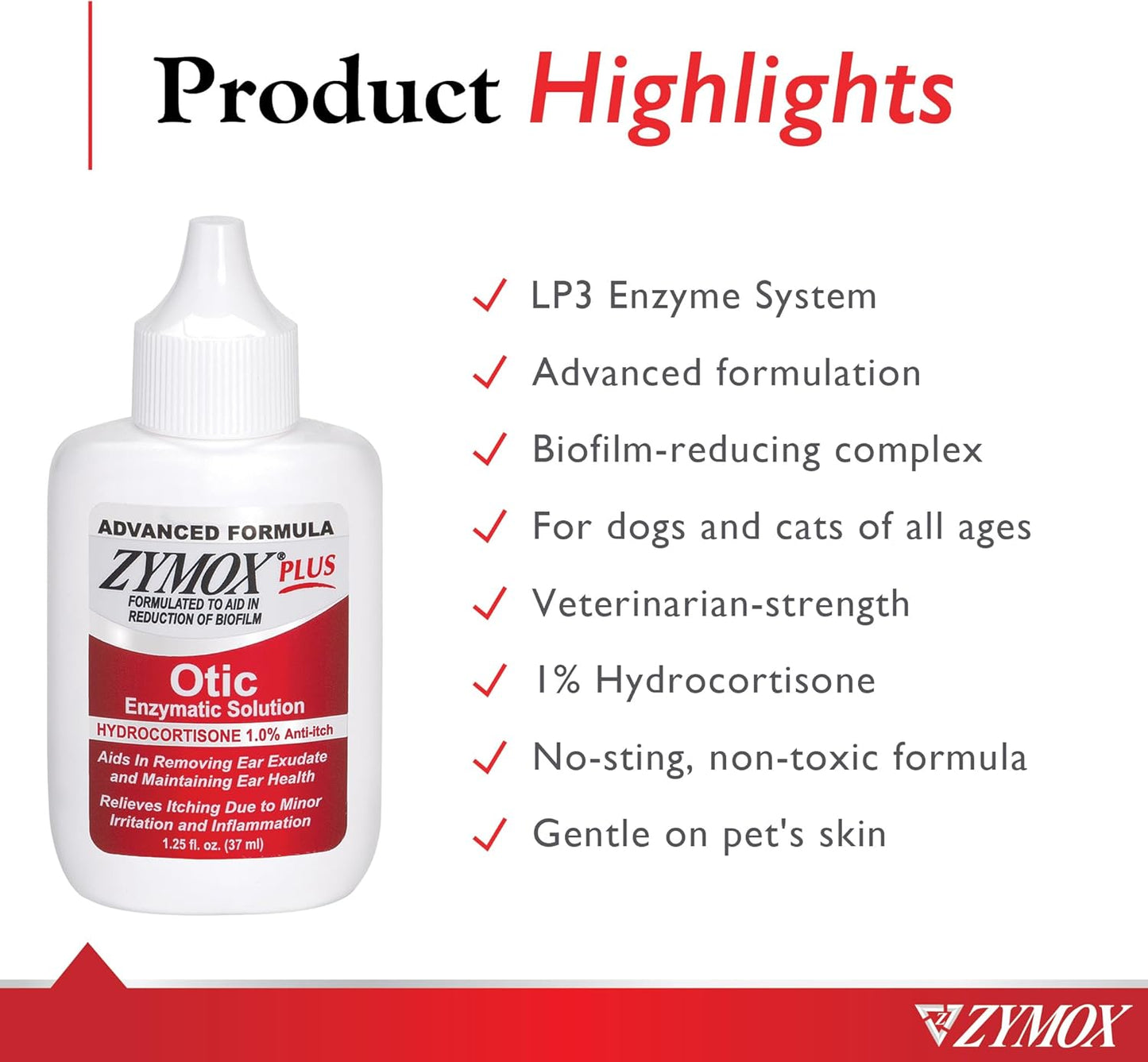 Zymox Advanced Formula Otic Plus Enzymatic Ear Solution for Dogs and Cats with 1% Hydrocortisone, 1.25oz