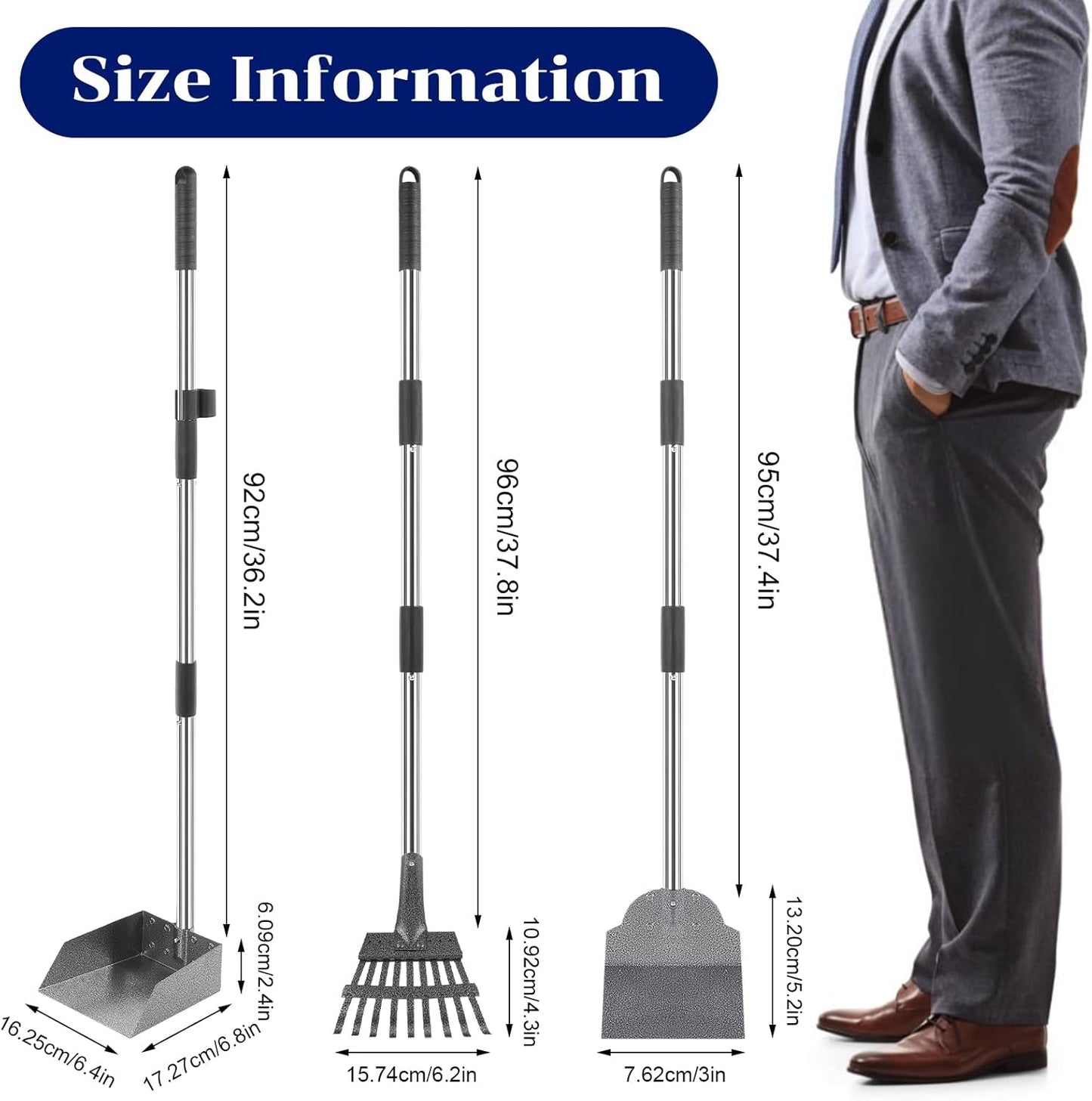 3 Pcs Dog Pooper Scooper Tray Shovel & Rake Kit, Heavy Duty Dog Poop Scooper with Adjustable Metal Long Handle, Portable Large Dogs Poop Picker Upper for Yard, Walks, Grass & Garden Leaves