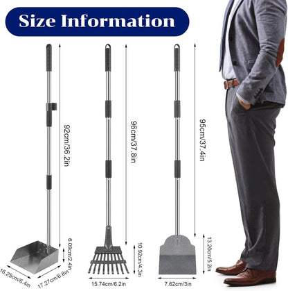 3 Pcs Dog Pooper Scooper Tray Shovel & Rake Kit, Heavy Duty Dog Poop Scooper with Adjustable Metal Long Handle, Portable Large Dogs Poop Picker Upper for Yard, Walks, Grass & Garden Leaves