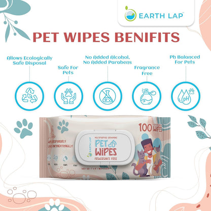100% Biodegradable Premium Pet Wipes | Grooming Wet Wipes for Dogs, Cats, Puppies & Small Pets | Dry Bathing, Grooming Paws, Body, Ears and Butt, Fragrance-Free 300 Count (100 * 3 Pack)