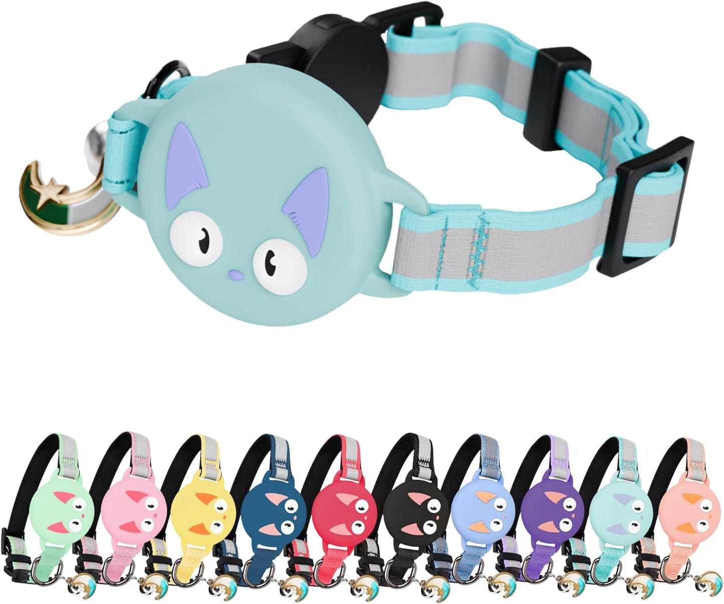 Cat Collar with Airtag Holder, Breakaway Air Tag Collar for Apple airTag, Reflective & Luminous Design, Waterproof GPS Tracker for Cats and Kittens, Includes Bell, Turquoise (9-12")