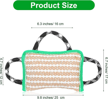 Durable Dog Jute Bite Pillow, 9.8“ x 6.7” Safe Biting Pad with 3 Strong Handles, Safe Tough Jute Tug of War Toy for Medium to Large Dogs Puppy Training, Green