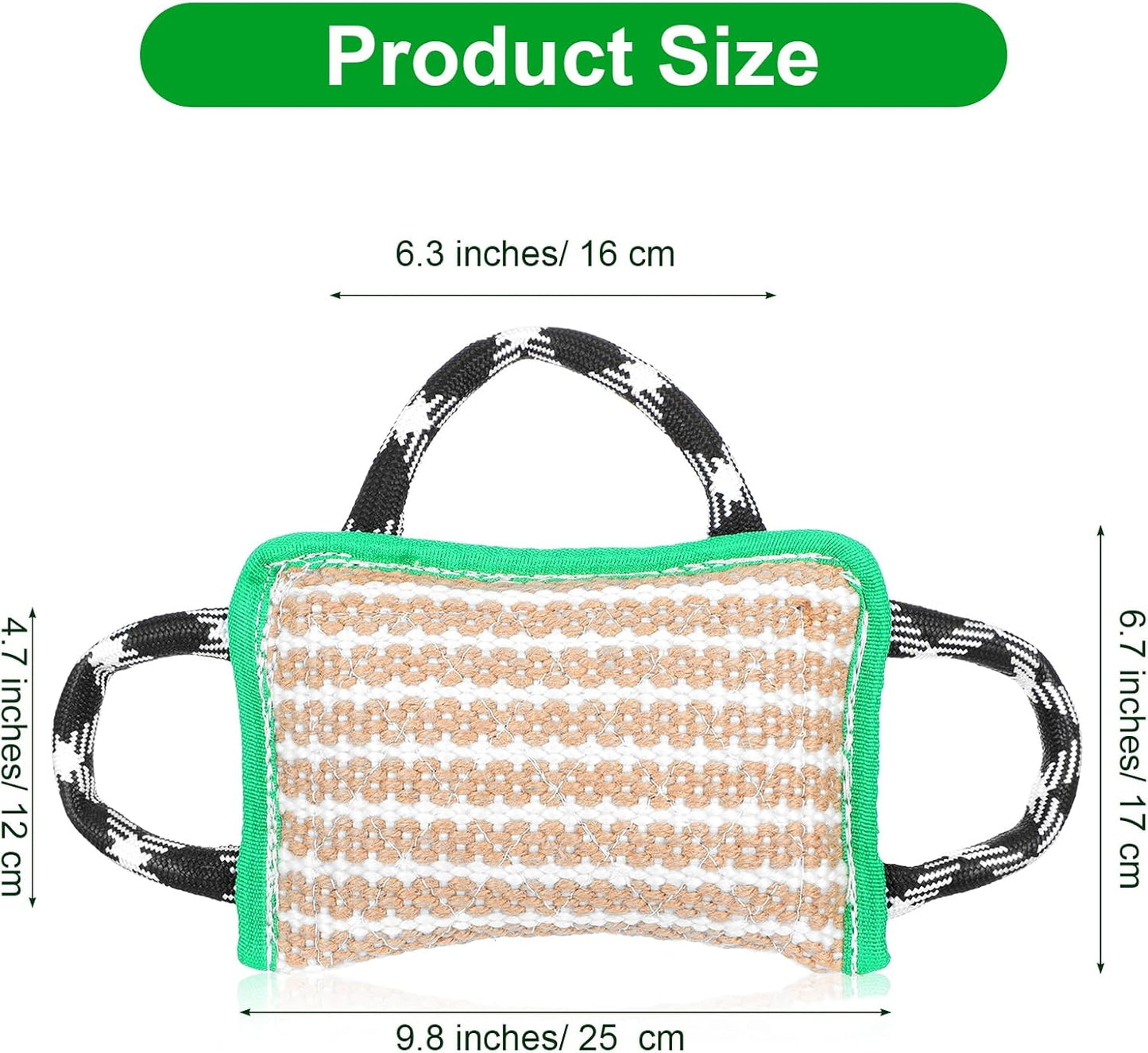 Durable Dog Jute Bite Pillow, 9.8“ x 6.7” Safe Biting Pad with 3 Strong Handles, Safe Tough Jute Tug of War Toy for Medium to Large Dogs Puppy Training, Green