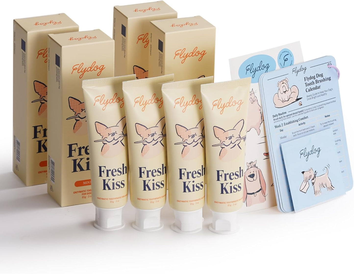 Fresh Kiss Enzymatic Dog Toothpaste All Flavors Set - Vet Approved Organic Fomula, Tartar Remover for Dogs, with Toothbrushing Calendar & Guide, Chicken & Coconut & Mint & Peanut Butter