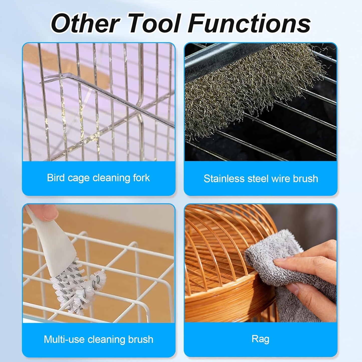 6 PCE Set Bird Cage Cleaner with Cleaning Towel, Stainless Steel Poop Remover & Cage Cleaning Brush Tools, Complete Bird Cage Accessories for Parakeet & Small Animal Cage Cleaning