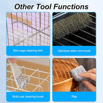 6 PCE Set Bird Cage Cleaner with Cleaning Towel, Stainless Steel Poop Remover & Cage Cleaning Brush Tools, Complete Bird Cage Accessories for Parakeet & Small Animal Cage Cleaning