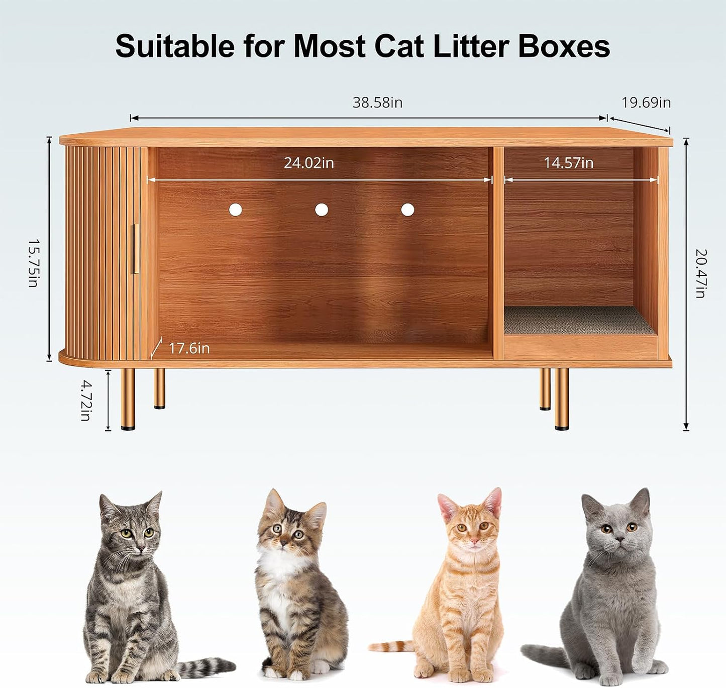 Litter Box Enclosure with Cat Scratch Pad, Sliding Door, 38.5" Litter Box Enclosure Furniture Hidden Litter Box, Modern Indoor Cat House, TV Stand, Side End Table for Living Room, Walnut