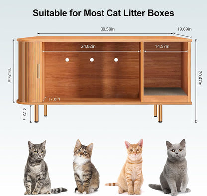Litter Box Enclosure with Cat Scratch Pad, Sliding Door, 38.5" Litter Box Enclosure Furniture Hidden Litter Box, Modern Indoor Cat House, TV Stand, Side End Table for Living Room, Walnut