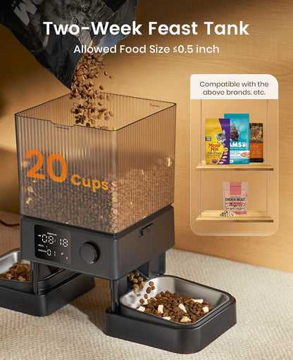 oneisall Automatic Cat Feeder for 2 Cats, 20 Cups/5L Automatic Cat Food Dispenser for Small Pets Indoor, Timed Cat Feeder for Dry Food
