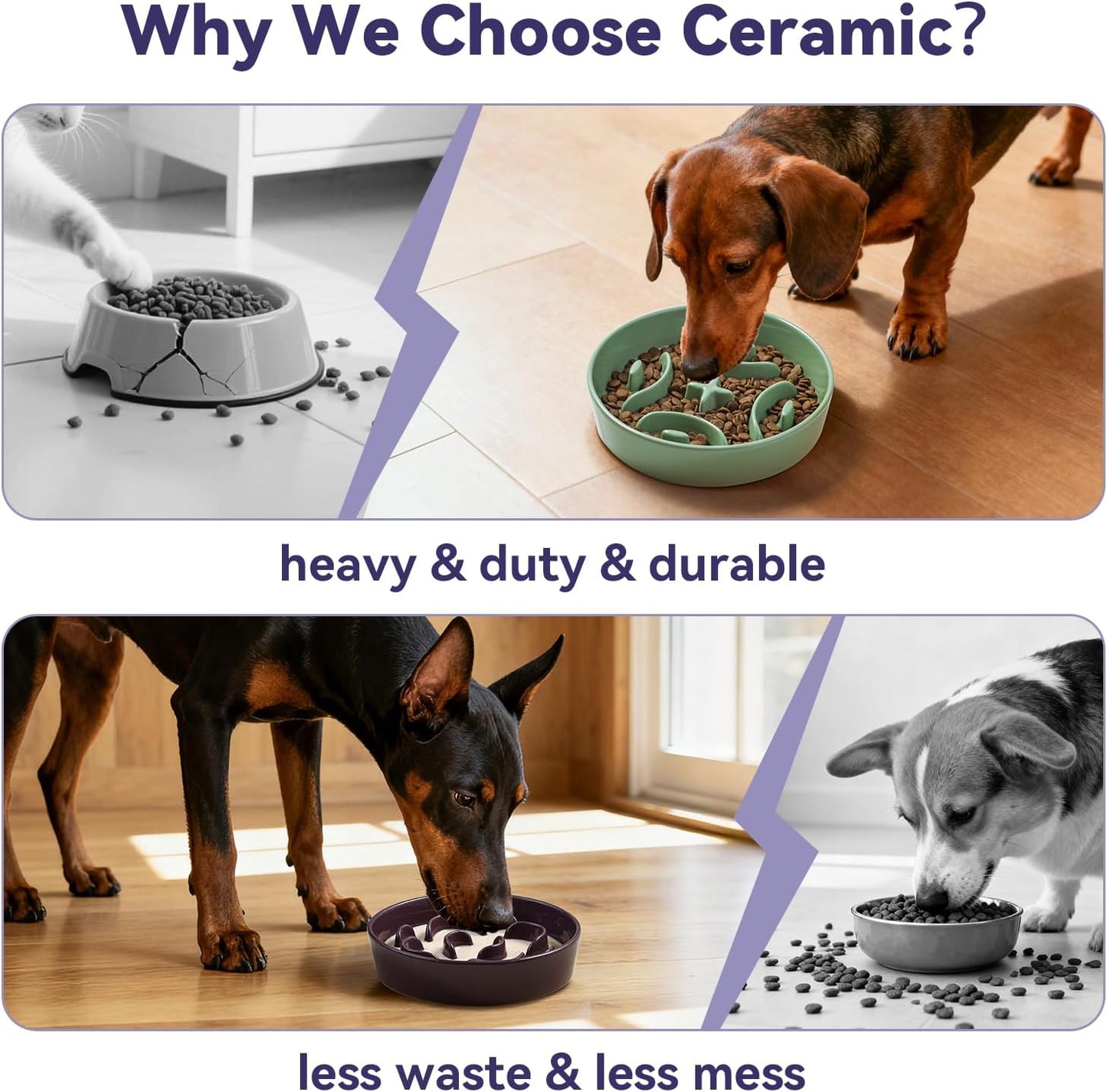 Ceramic Slow Feeder Dog Bowl - Maze Dog Bowl to Slow Down Eating - Fun Feeder for Fast Eaters - Ideal Food Control Dish for Medium to Large Breeds - 8.2 Inch - 1.8 Cups (180g) - Purple