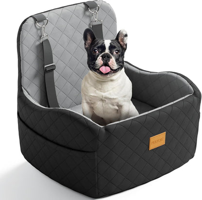 Dog Car Seat for Small/Medium Dogs Under 35lbs, Detachable & Washable Elevated Pet Travel Bed, 2 Storage Pockets & Safety Belt, Anti-Slip Base, Dog Booster Car Seat with Seamless Bottom Design