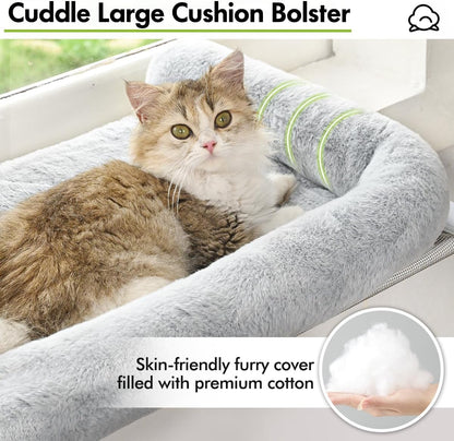 Cat Window Sill Perch with Large Bolster, Easy to Adjust & Assemble Cat Window Seat for Windowsill & Bedside, Pet Hammock Bed for Large Cats and Kittens (Grey, L)