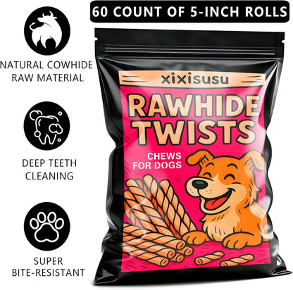 Natural Rawhide Chews for Dogs - 60 Count of 5-Inch Rolls | Long-Lasting Dog Chews Stick for Small, Medium & Large Dogs | Digestible Chew Toys for Chewers, Puppy Teething & Dental Health