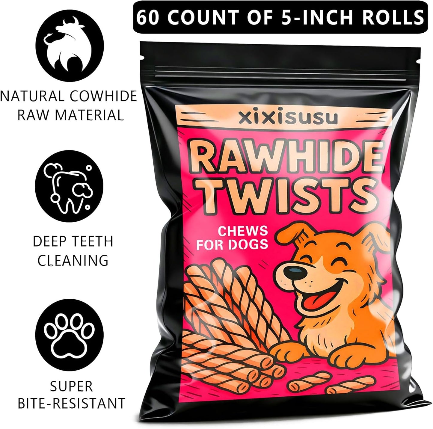 Natural Rawhide Chews for Dogs - 60 Count of 5-Inch Rolls | Long-Lasting Dog Chews Stick for Small, Medium & Large Dogs | Digestible Chew Toys for Chewers, Puppy Teething & Dental Health