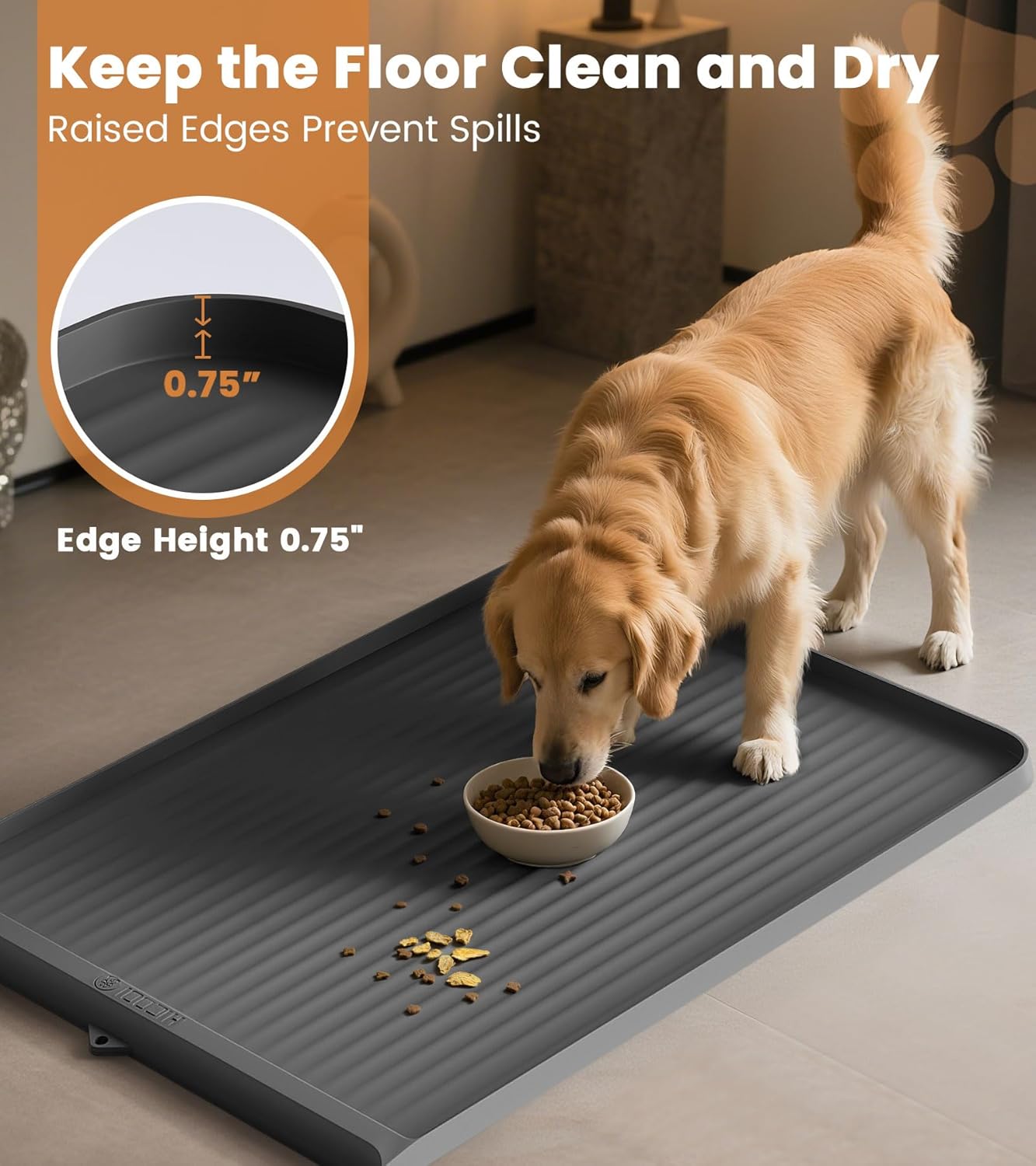 Dog Food Mat 36"x24", Waterproof Pet Feeding Mat with Diversion Grooves and Raised Edges, Large Non-Slip Dog Bowl Mat for Food and Water, Cat Food Mat for Floors, Easy to Clean, Grey