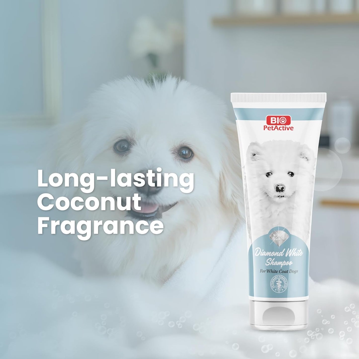 Bio Petactive Diamond White Shampoo for Dogs | Brightens, Removes Stains and Restores White Coats | Deep Cleans & Deodorizes with Long-Lasting Coconut Scent | 8.45 fl oz