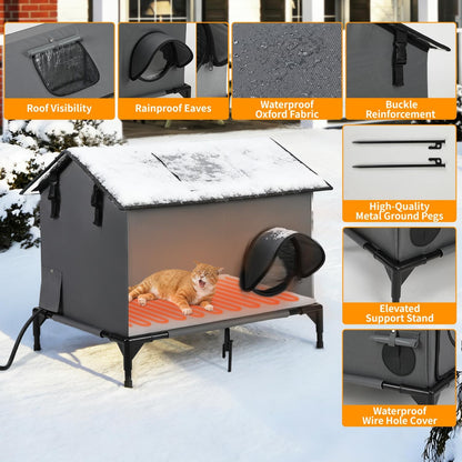 Large Heated Cat House for Outside, Weatherproof Insulated Indoor Outdoor Cat House with Adjustable Heating Pad, Escape Door & Elevated Base, Warm Shelter for Feral Stray Barn Cats, 25”Lx19”Wx22”H
