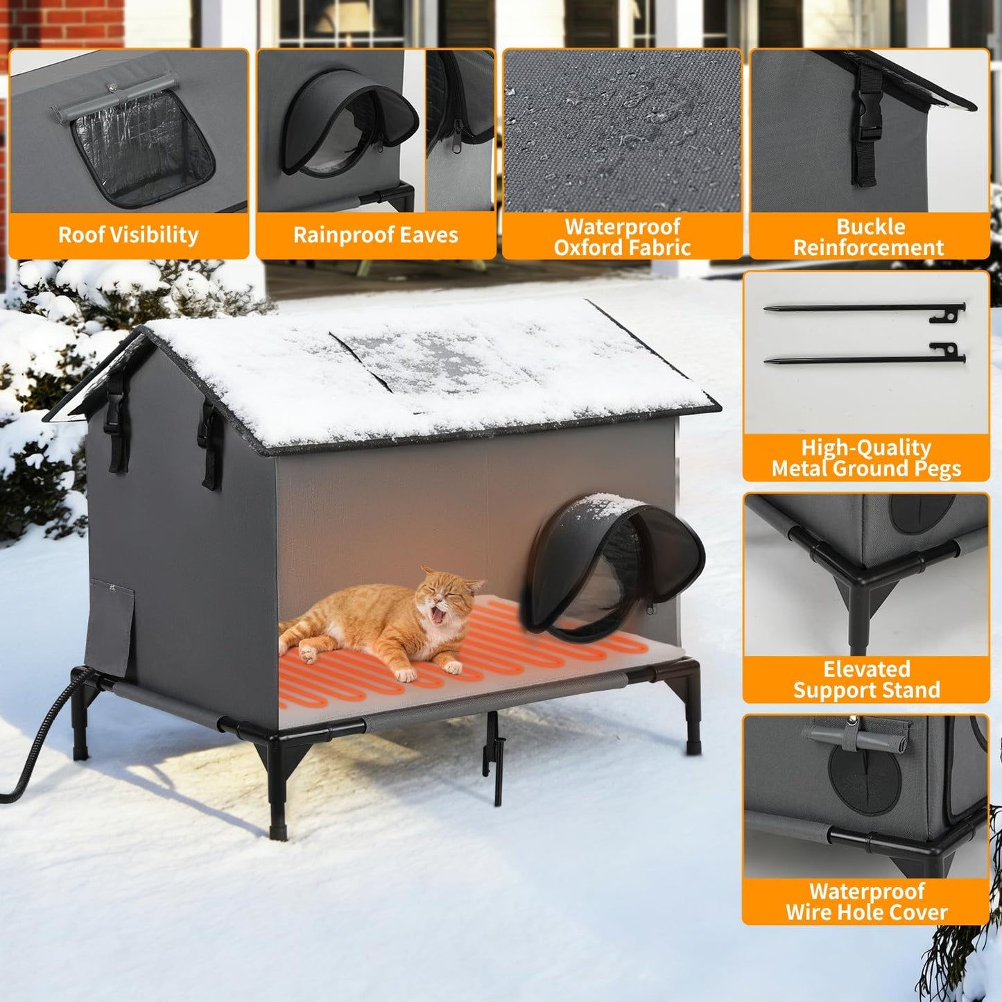 Large Heated Cat House for Outside, Weatherproof Insulated Indoor Outdoor Cat House with Adjustable Heating Pad, Escape Door & Elevated Base, Warm Shelter for Feral Stray Barn Cats, 25”Lx19”Wx22”H