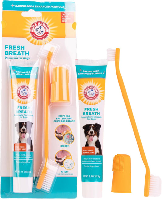 Arm & Hammer for Pets Fresh Breath Enzymatic Dog Dental Care Kit - Includes Dog Toothpaste, Dual Sided Toothbrush and Fingerbrush - Bad Breath Treatment, Chicken Flavor, 2.5 Ounce