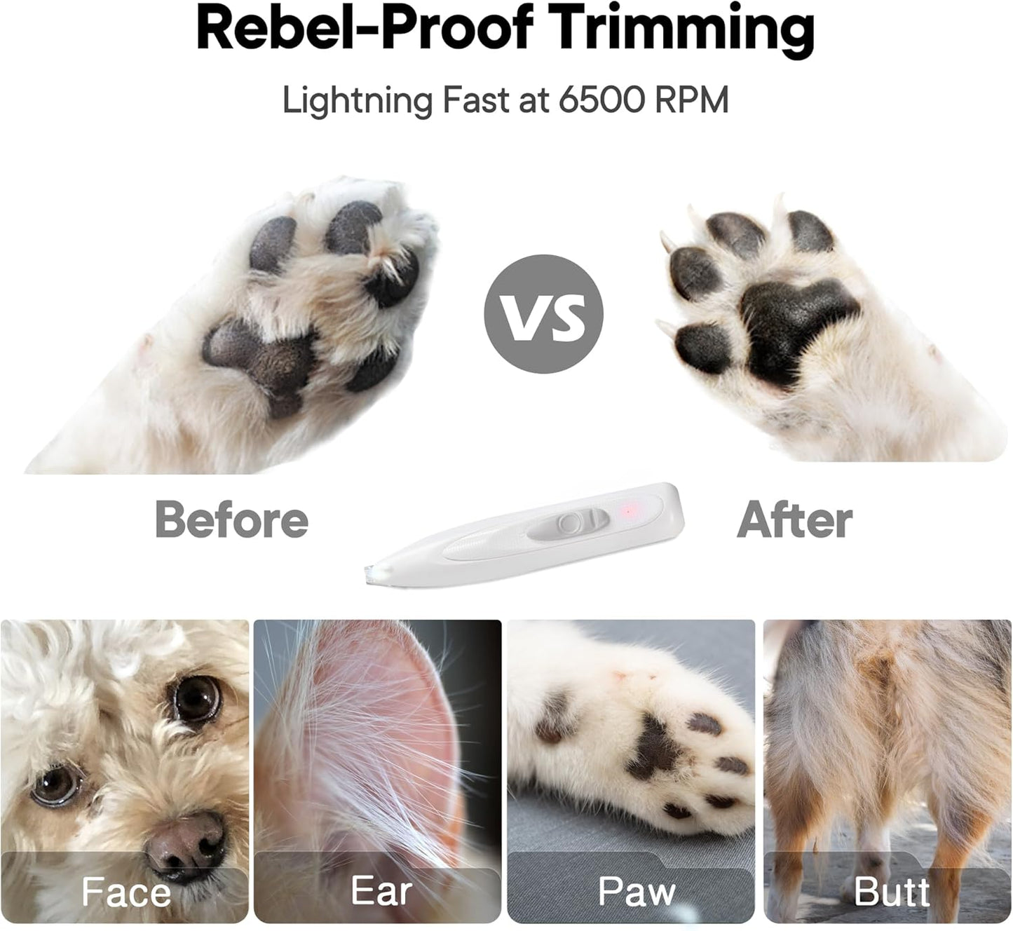 Dog Paw Trimmer with LED Light, Rechargeable Cordless Electric Grooming Clippers, Low Noise Pet Hair Shaver for Small Dogs Cats Trimming Around Paws, Eyes, Ears, Face, Rump