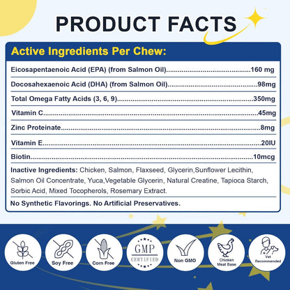 Omega 3 for Dogs, Salmon Fish Oil for Dogs Skin and Coat Chew with Omega 3 6 9 (EPA+DHA), ZINC, BIOTIN and Vitamin E & C for Dog Hot Spot Treatment, Itchy Skin Relief, 120ct Chicken Flavored