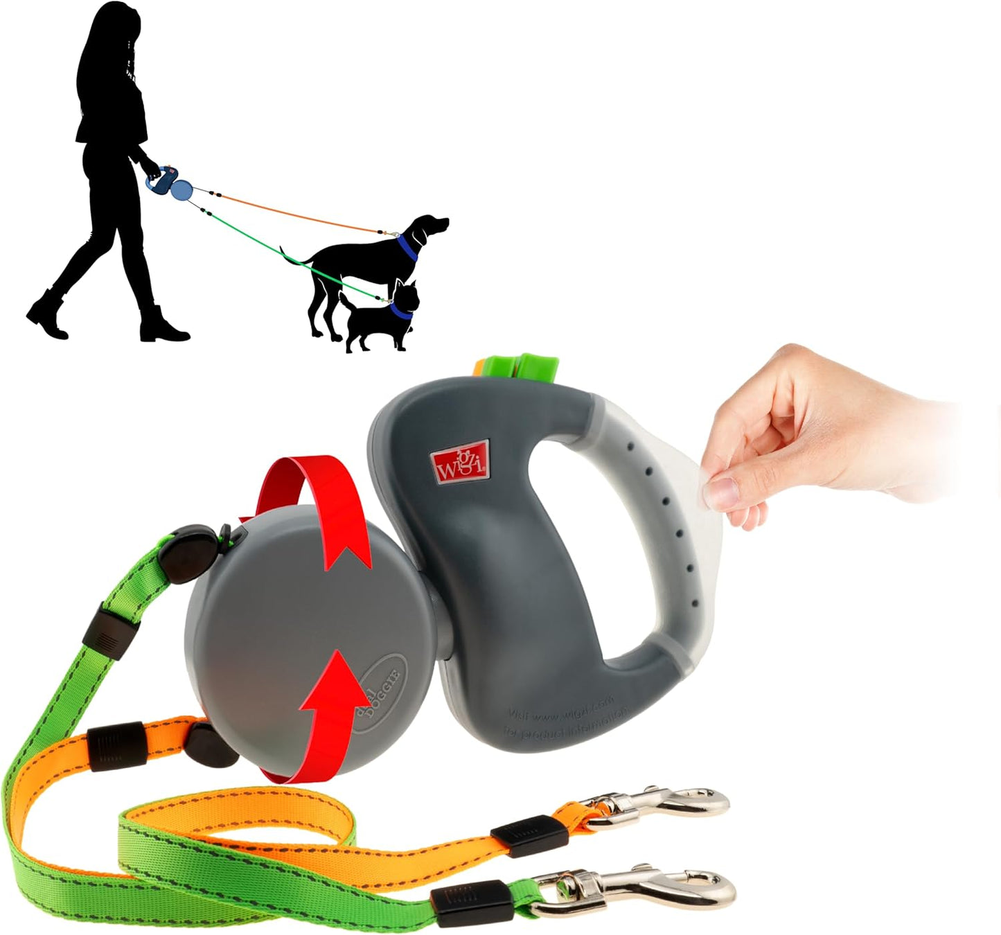 Wigzi - 2025 Edition - 2 Dog Retractable Leash – Featuring Our Incredible Silicone Gel Handle - No Tangle Engineering. Each Dog 50 lb up to 10 ft Distance. Lock and Unlock Easily. Reflective Webbing.