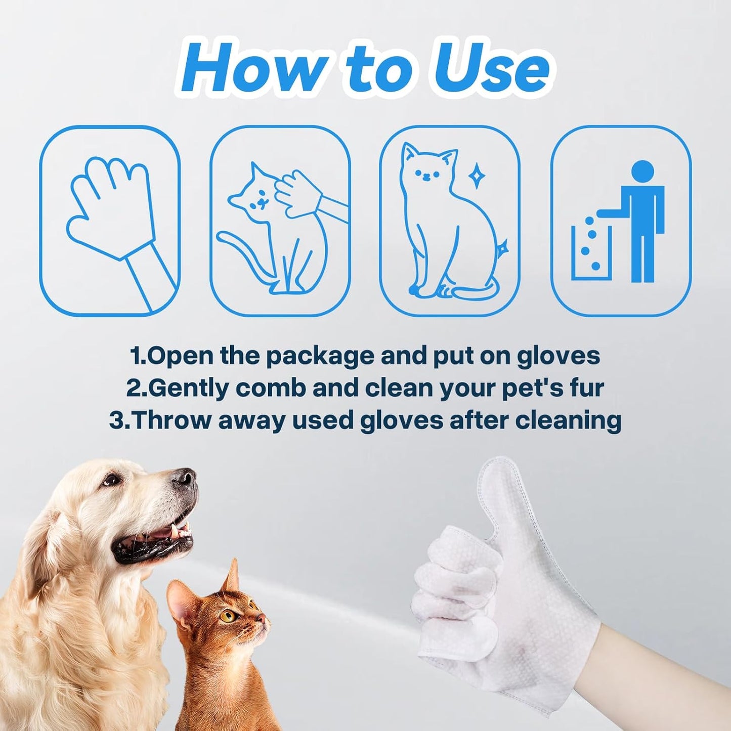 WGP Pet Glove Wipes for Dogs Cats, Cleaning & Deodorizing Grooming Gloves, Dog Wipes for Body Daily Care, Cat Grooming Wipes Cleaning Fur Traveling Rinse Free, Odorless and Unscented, 3pack/18pcs