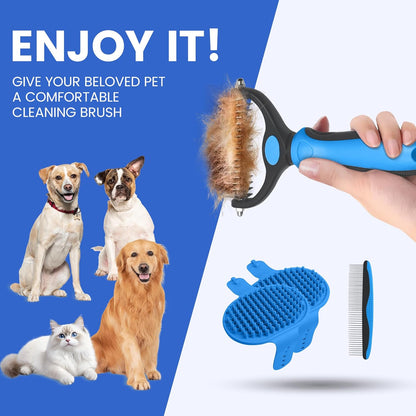 Double-Sided Pet Grooming Rake - 4-in-1 Professional Pet Grooming Kit, Deshedding Dematting Tool for Dogs, Cats, Extra-Wide Grooming Brush & Deshedder Comb for Long and Short Haired Pets (4PCS Blue)