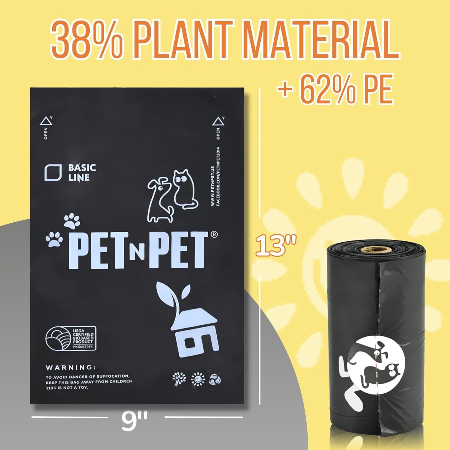 PET N PET Dog Poop Bag USDA Certified 38% Biobased Poop Bags 1080 Counts + 100% Plant Based Dog Wipes for Paws and Butt, 100 Counts Dog Pet Wipes, 8" x 8" Hypoallergenic Unscented Dog Wipes
