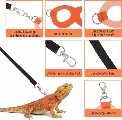 Adjustable Bearded Dragon Harness and Leash Set 3 Size Soft Leather Reptile Vest with Traction Rope for Lizards Squirrels Small Animals Outdoor Walking (S, M, L)