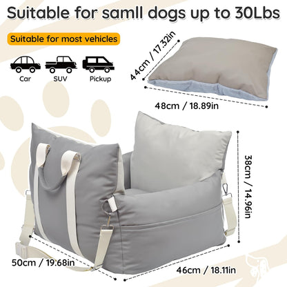 Leather Dog Car Seat for Small Dogs, Dog Booster Seat with Storage Pocket and Clip-On Safety Leash, Water/Scratch Resistant Both Indoor and Outdoor Use