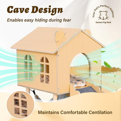 Guinea Pig Hideout with Hammock & Ramp – Multi-Level Wooden Small Animal House for Hamsters, Rabbits, Chinchillas | Easy Assembly Guinea Pig Cages
