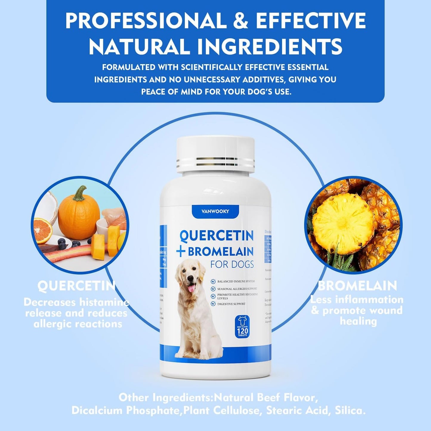 Quercetin + Bromelain for Dogs – Immune & Allergy Support Supplement, Inflammatory Relief, Antioxidant Formula, 120 Beef-Flavored Chewable Tablets