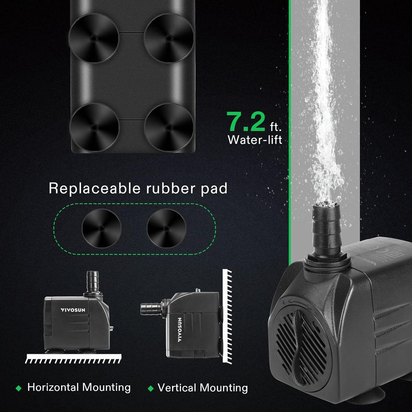 VIVOSUN 480GPH Submersible Pump(1800L/H, 25W), Ultra Quiet Water Pump with 7.2ft High Lift, Fountain Pump with 5ft Power Cord, 3 Nozzles for Fish Tank, Aquarium, Statuary, Hydroponics Black