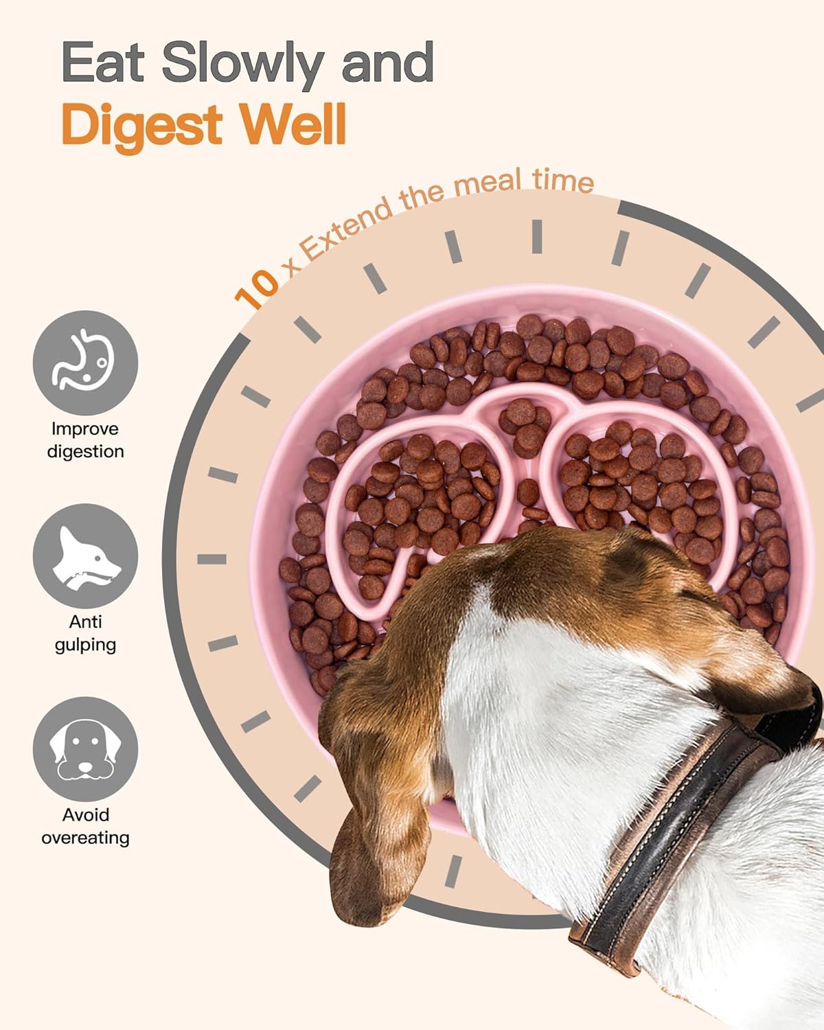 Slow Feeder Dog Bowl, Ceramic Dog Bowls 1.5 Cups Interactive Puzzle Feeder for Fast Eaters, Prevent Bloat & Choking, for Small Medium Large Dogs, Pink