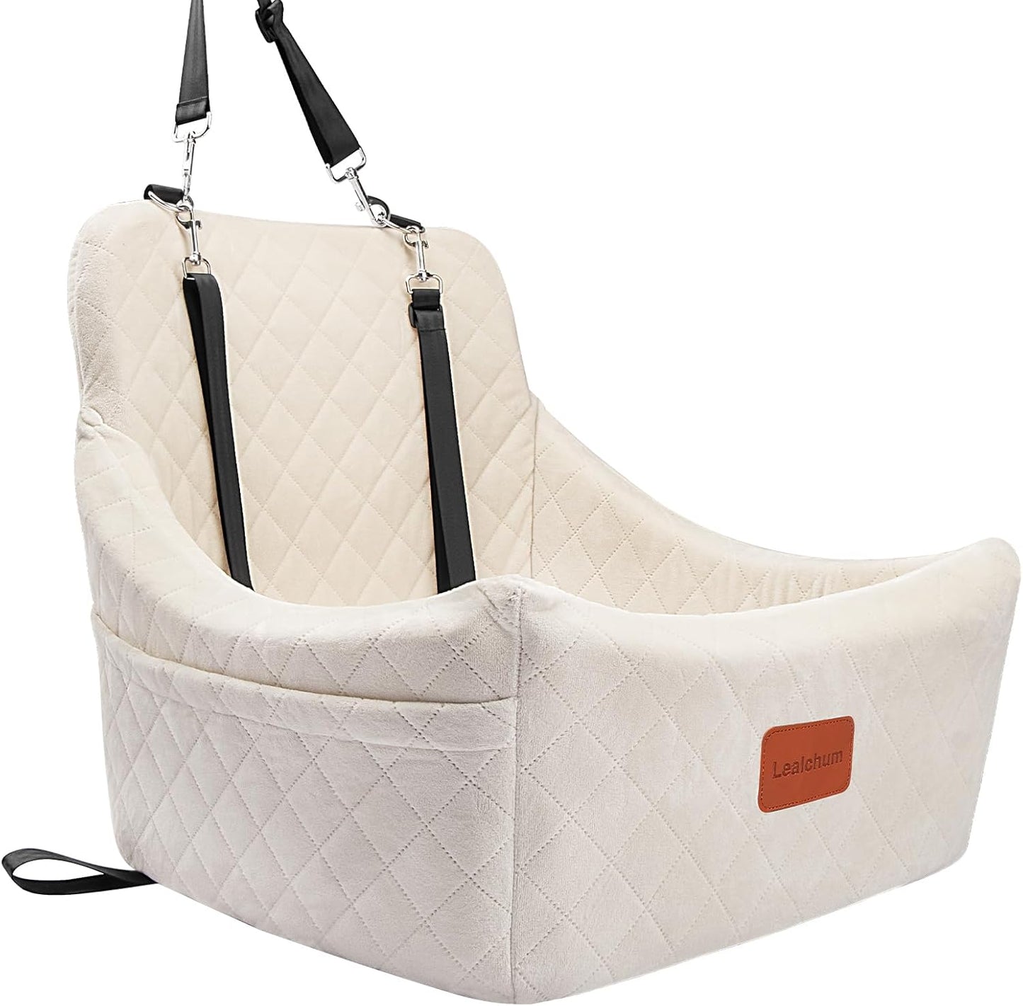 Dog Car Seat for Medium Dogs Up to 40lbs,Easy to Install with Adjustable Straps,Anti-Slip Base,Fully Detachable and Washable,Soft Fabric Fill in Memory Foam,2 Side Pockets(Beige,Medium)