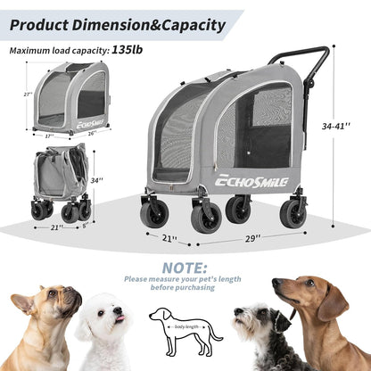 EchoSmile 4 Wheels Pet Stroller, Foldable Dog & Cat Stroller for All-Season, Lightweight Carrier with Storage Basket, Adjustable Handle, Removable Pad, Breathable Mesh, Up to 135 lbs, Grey