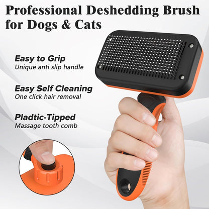 2PCS Self Cleaning Slicker Brush & Dog Comb - Skin Friendly Deshedding Grooming Tool for Dogs, Cats and Small Animals, Professional Deshedding Dematting Tool for Long and Short Haired Pets (Orange)