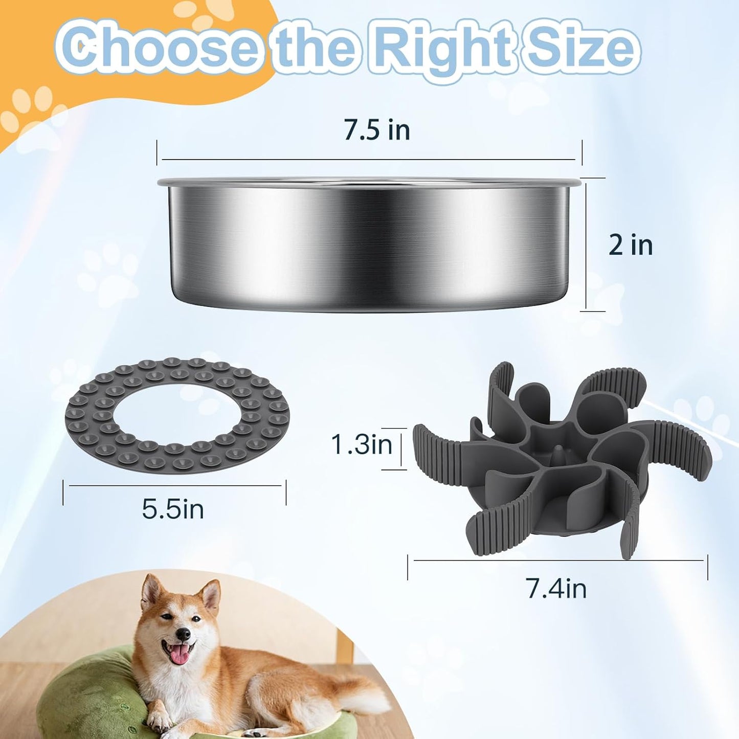 2-in-1 Slow Feeder Dog Bowls, Stainless Steel Pet Bowls with Silicone Feeder Insert, Removable Non-Slip Rubber Base for Dogs to Slow Down Eating (Medium Breed)