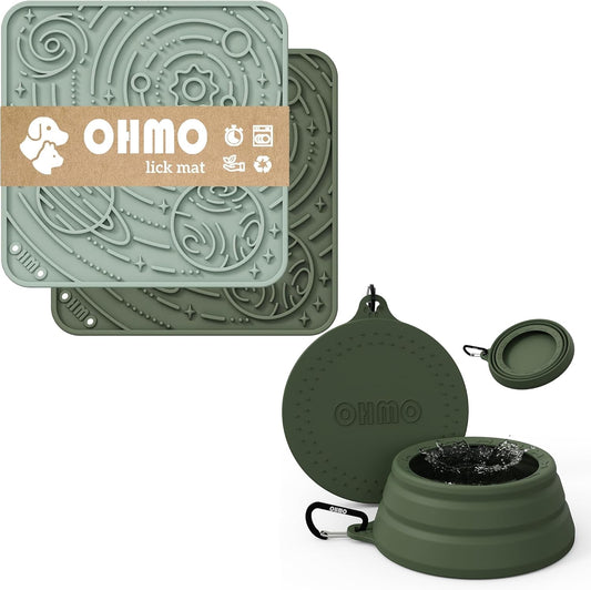 OHMO Lick Mat for Dogs and Cats(Small, Camo&Light Green, 2pcs)&No Spill Collapsible Dog Water Bowl