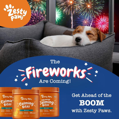 Zesty Paws OraStix for Dogs - Calming Dental Sticks for Stress with Hemp Melatonin Chamomile Dog Healthy Teeth and Gums Calm Composure for Fireworks and Thunderstorms - 25oz