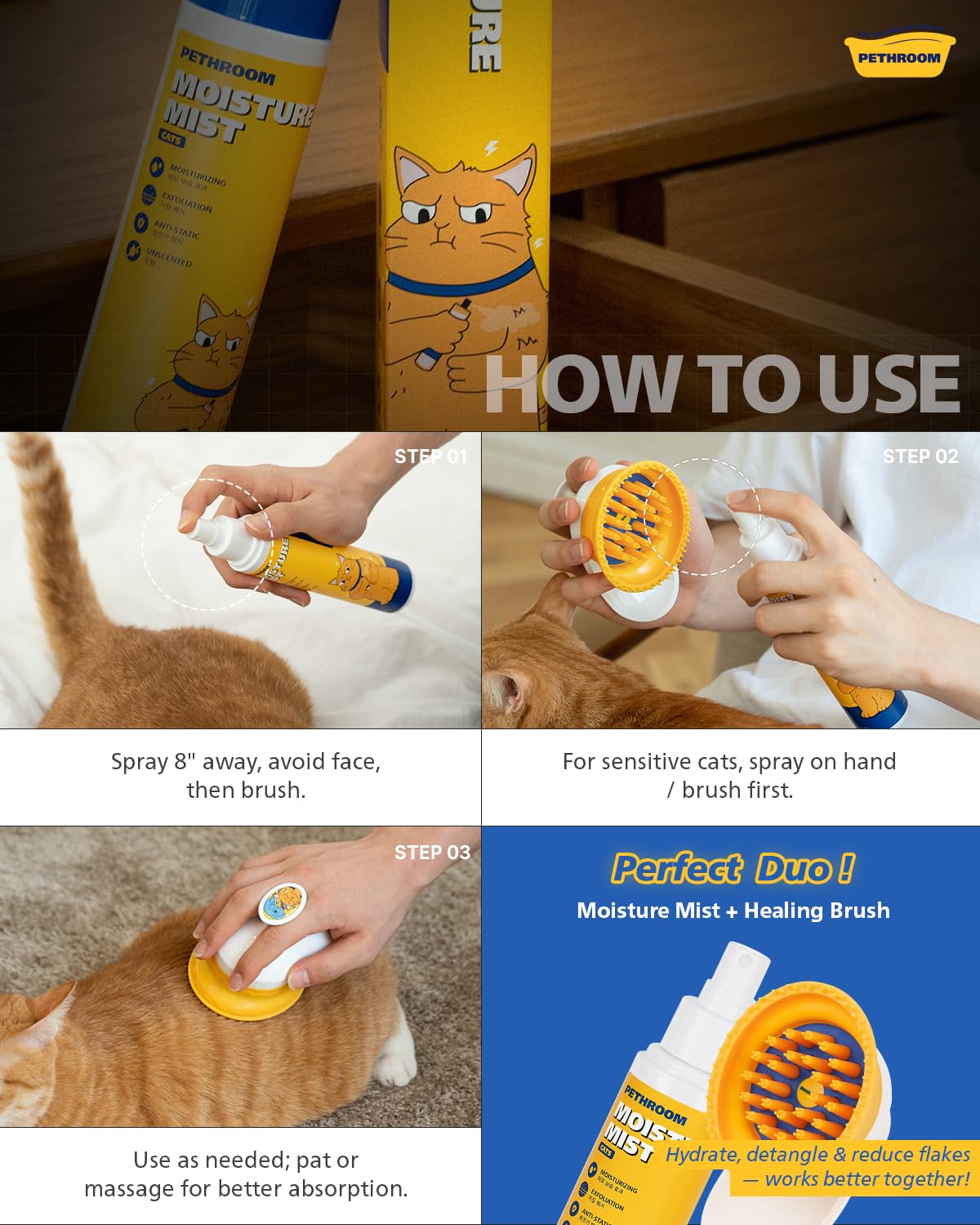 PETHROOM] Unscented Cat Moisture Mist – Natural Leave-In Conditioner Spray for Cats – 95% Plant Extracts– Hydrating, Detangling, Static & Dander Control, 100% EWG Green