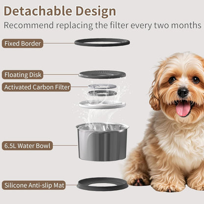 6.5L Dog Water Bowl No Spill with 4 Pcs Filters 1.6 Gallon Stainless Steel Water Bowl for Dogs 220oz Large Capacity No Splash Slow Drinking Feeder with Anti-Slip Mat for Messy Drinkers